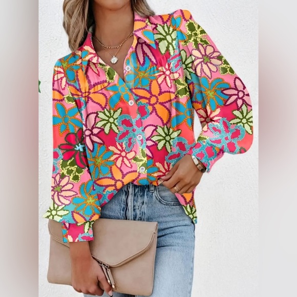 NEW| Floral Spring Print Lapel Neck Long Sleeve Button Front Blouse - Picture 6 of 8